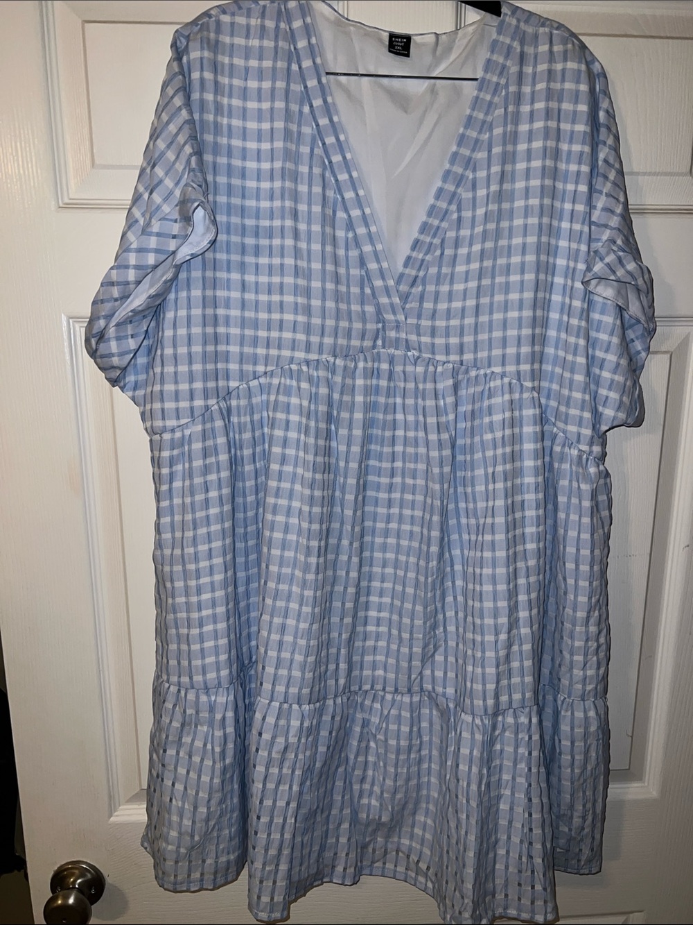 Light Blue Gingham V-Neck Tiered Dress